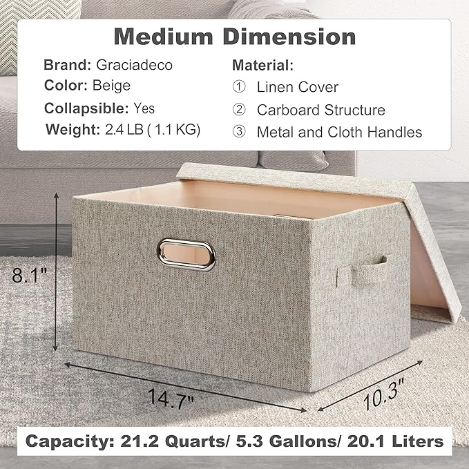 Medium 15" 21 Quart Collapsible Stackable Storage Bins with Lids, 5 Packs Beige Foldable Fabric Closet Boxes Heavy-duty Lidded Linen Cube Baskets Container Organizers and Storage