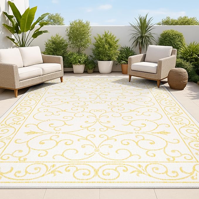 JONATHAN Y Vintage Filigree Indoor Outdoor Area Rug 8X10 Cream/Yellow, Charleston Textured Weave for Backyard, Patio, Porch, Easy-Cleaning, High Traffic, Pet-Friendly, Non-Shedding (SMB106M-8)