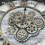 DORBOKER 24" Large Wall Clock with Moving Gears,Oversize Vintage Industrial Rustic Farmhouse Clocks for Living Room Decor Office Home,Solid Wood HD Tempered Glass Cover,Silver Grey