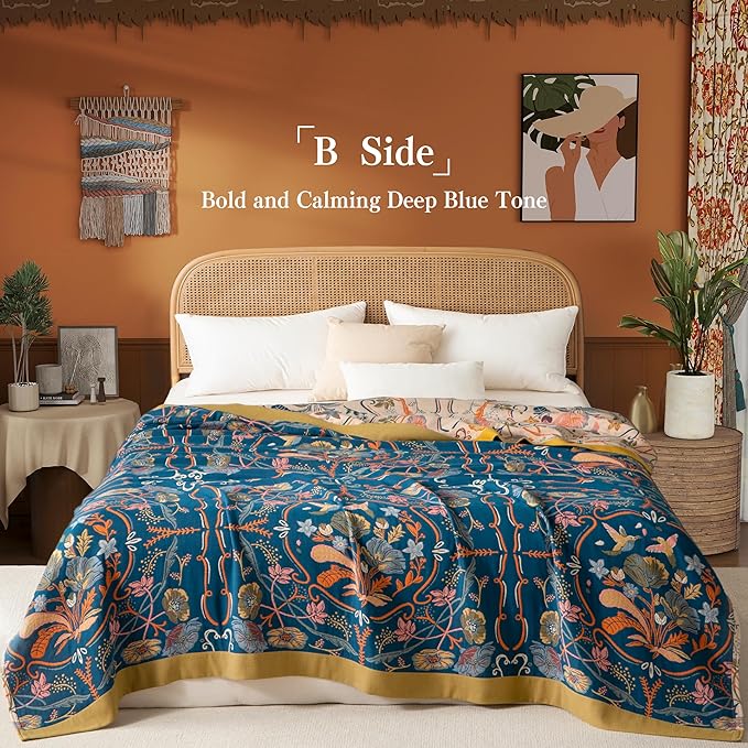 Boho Throw Blanket Twin Size, Soft Cozy Cotton Muslin Quilt Blanket for Bed Decor, Floral Patterned Couch Sofa Chair Cover, Vintage Farmhouse Cottage Tapestry Woven Blanket, Yellow&Blue