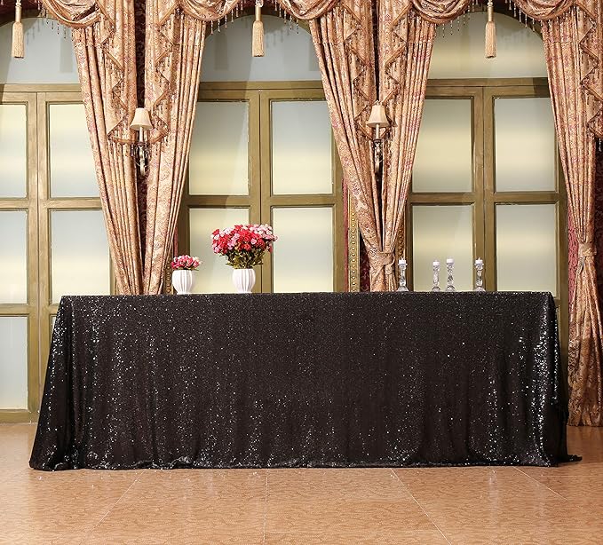 SquarePie Sequin Tablecloth 90 x 156 Inch Black Sparkly Table Linen for Wedding Halloween Party