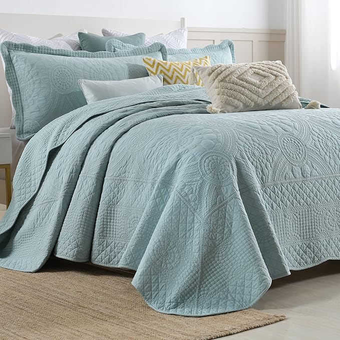 MarCielo 3-Piece 100% Cotton Oversized Bedspread Lightweight Quilt Coverlet Embroidery Farmhouse Bedding (Tf Aruba Blue, Oversized King (118"x106"))