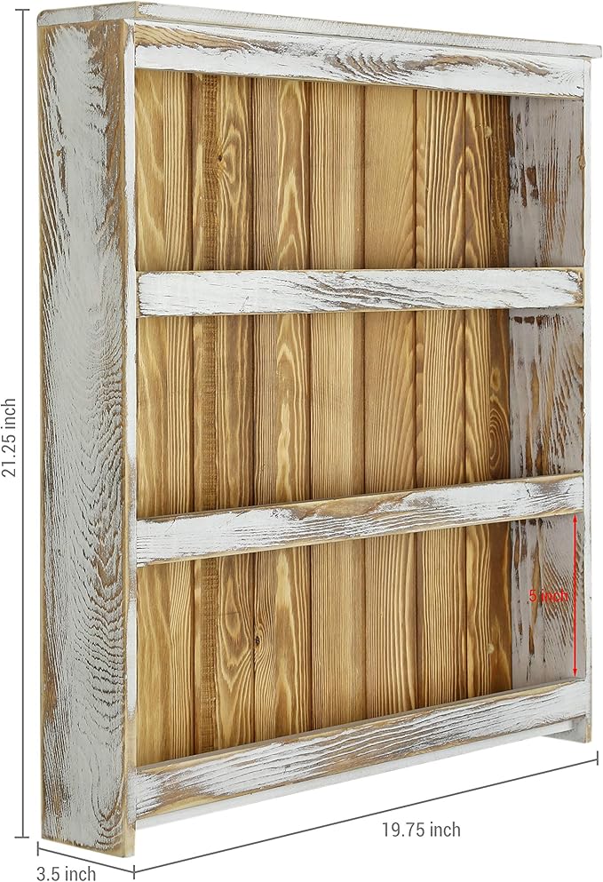 MyGift 3 Tier Wall Mounted Spice Rack, Shabby White Washed and Rustic Natural Burnt Solid Wood Kitchen Pantry Storage Shelf for Seasoning Jars or Condiment Bottles