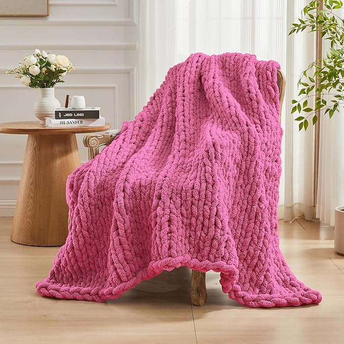 Carriediosa Chunky Knit Throw Blanket 60" X 80" Twin, 100% Hand Made Large Chenille Loop Yarn Soft Fluffy Throws for Couch Sofa Bed, Big Crochet Cozy Heavy Thick Cable Woven Blankets, Hot Pink