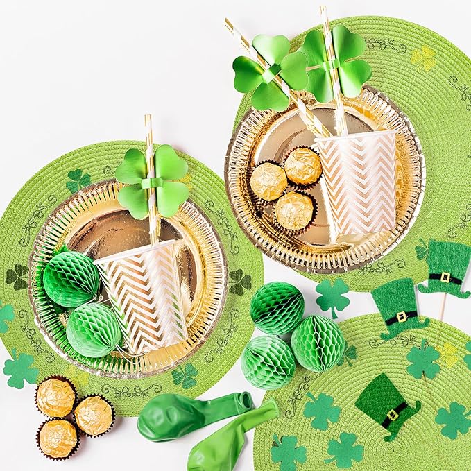 Whaline 4Pcs Round St. Patrick's Day Placemats Embroidered Shamrock Place Mats Green Clover Dinner Table Mats for Home Spring Irish Holiday Birthday Party Decor