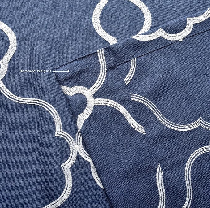 MIUCO Moroccan Embroidery Semi Sheer Curtains Faux Linen Grommet Window Curtains for Living Room 52 x 63 Inch 2 Panels, Navy Blue