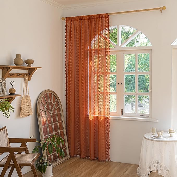 Sutuo Home Burnt Orange Boho Curtains 84 inches Long for Bedroom Living Room, Terracotta Crochet Lace Sheer Bohemian Hollow Knitted Tassels,Window Treatment Drapes Fall Decor, 1 Panel 59" W x 84" L