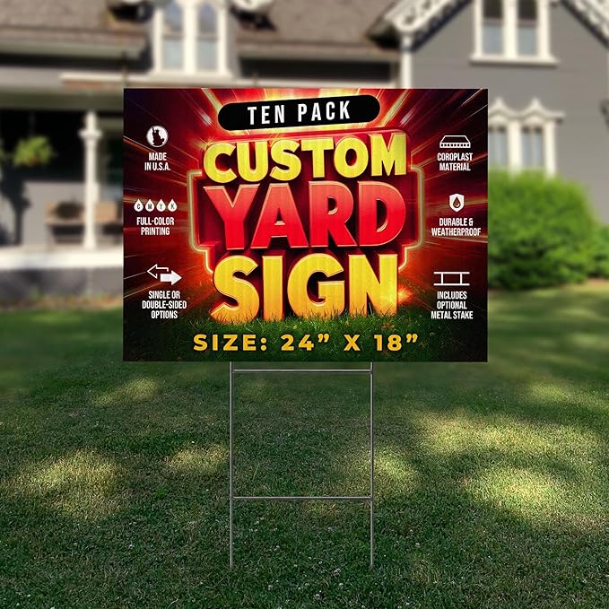 10 Pack 24"x18" Custom Yard Signs with Stakes, Personalized Yard Signs for Outdoors, Customized Full Color Print Corrugated Signs for Business