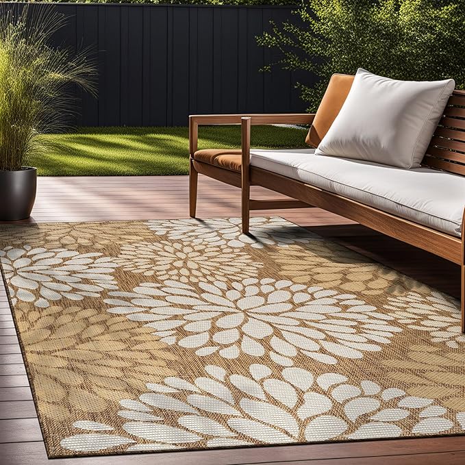 Beverly Rug Outdoor Rug 5x7 Modern Exotic Tropical Leaf Area Rugs for Indoor and Outdoor Patio Deck Porch Garden Water Resistant Washable Outside Carpet (5 x 7 Wooden)