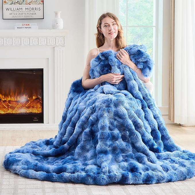Lotus Karen Faux Fur Throw Blanket Tie-Dye Blue - Big Bubble Rabbit Fluff Blanket for Couch, Large Fluffy Fuzzy Cozy Blanket,Thick Furry Plush Shaggy Blankets,90x90 Inches