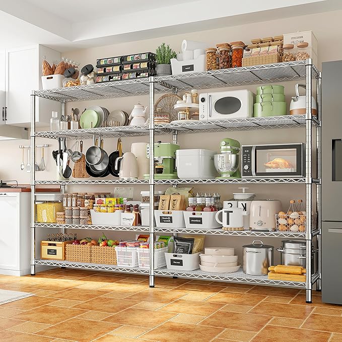 REIBII 69.8" W Storage Shelves 1510LBS Wire Shelving Unit 5 Tier Metal Shelving for Storage Rack Shelves Adjustable Heavy Duty Garage Shelf Pantry Shelves Kitchen Shelving,69.8"Wx15.8"Dx72.4"H,Chrome