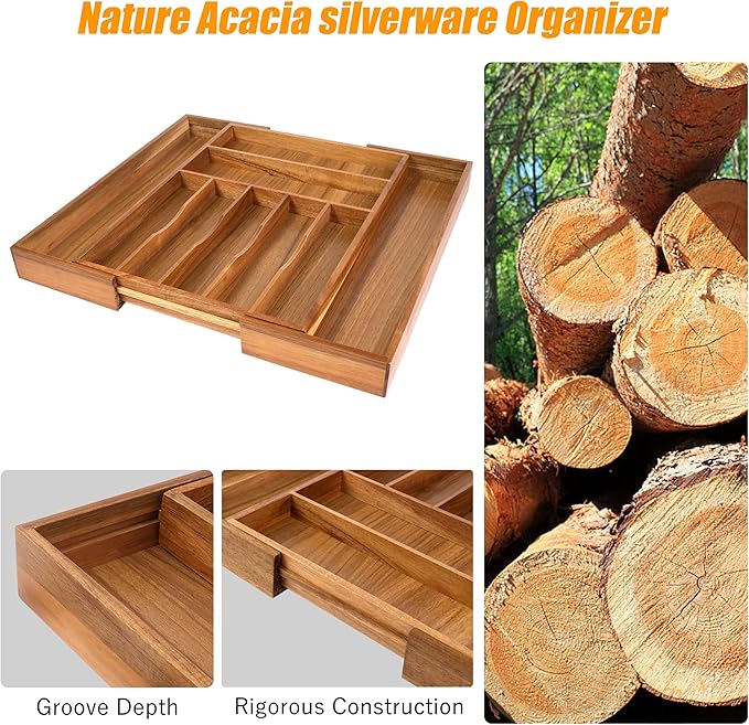Bellsal Large Premium Acacia Wood Silverware Organizer - Expandable Utensil Drawer Organizer - 17"x19.6" Utensil Holder and Cutlery Tray with Grooved for Kitchen Flatware Utensils(7-9 Slot, Acacia)