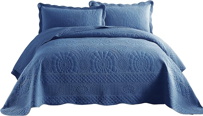 MarCielo 3-Piece 100% Cotton Oversized Bedspread Lightweight Quilt Coverlet Embroidery Farmhouse Bedding Set (Tf Midtone Blue, Oversized King (118"x106"))