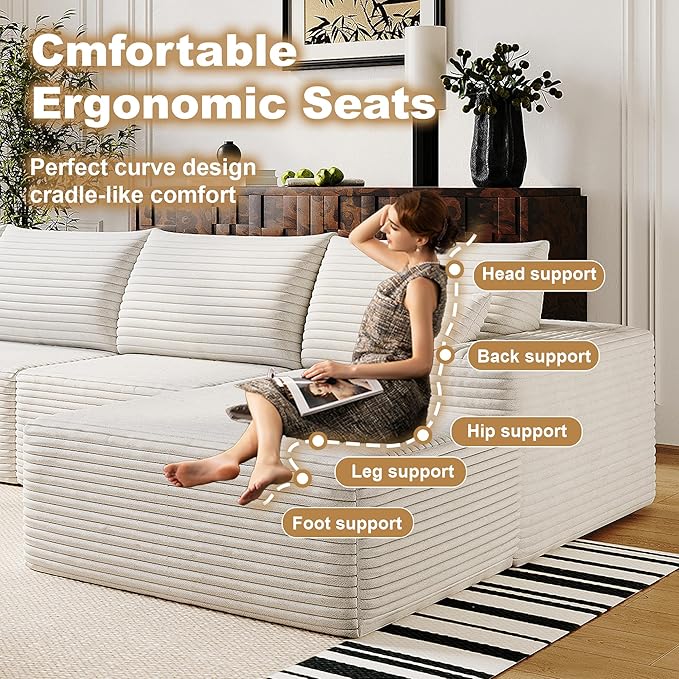108" Sectional Couches for Living Room Modern Modular Sofa with L-Shape Couchs Upholstered Boneless Couch Deep Seat Sectional Couch with Chaise (White, Right Facing Chaise+2Seaters)
