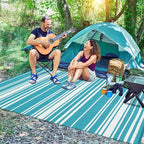 Waterproof Outdoor Rug 8x10 Contemporary Reversible Plastic Straw Rug, Easy Cleaning Striped Patio Carpet, UV-Resistant Indoor Outdoor Floor Cover for RV, Porch, Deck, Backyard, Light Blue
