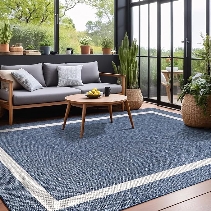 Bordered Outdoor Rug 8x10 Washable Outside Carpet for Indoor Patio Porch Waterproof Easy Cleaning Non Shedding Area Rugs Blue 8 x 10