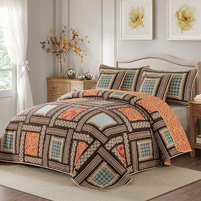 NEWLAKE Cotton Patchwork Bedspread, 3-Piece Bedding Quilt Set with Real Stitched Embroidery, Reversible Matelasse Bed Coverlet Set,Bohemian Farmhouse,King Size