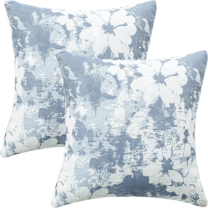 Jacquard Throw Pillow Covers 18x18 Inch Set of 2 - Vintage Floral Boho Pillow Cases with Botanical Pattern | Farmhouse Decor for Couch Living Room | Soft Textured Neutral Trio Dusty Blue 18" x 18"