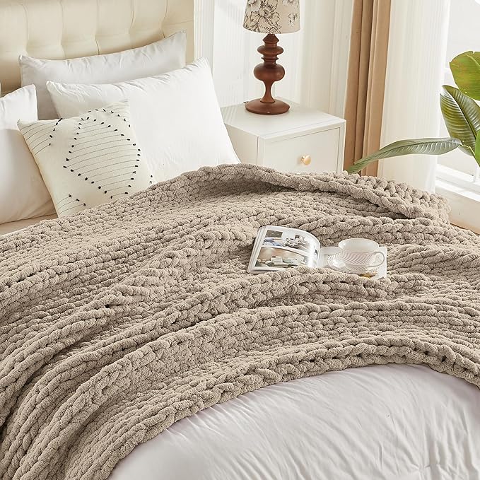 Carriediosa Chunky Knit Throw Blanket 60" X 80" Twin, 100% Hand Made Large Chenille Loop Yarn Soft Fluffy Throws for Couch Sofa Bed, Big Crochet Cozy Heavy Thick Cable Woven Blankets, Taupe