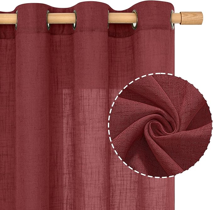 LAMIT 90 inch Red Linen Curtains for Living Room 2 Panels, Light Filtering Christmas Drapes Semi Sheer Bronze Grommet Curtain Panels for Bedroom/Farmhouse, Burgundy Red, 52 x 90 Inch