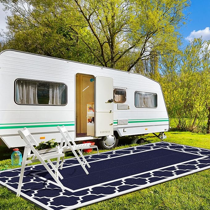 GENIMO 8' x 16' Outdoor Rug Waterproof for Patio, Foldable Reversible Plastic Straw Area Rugs Mat for Rv Decor, Outside Carpet for Camper, Deck, Picnic, Beach, Balcony, Porch, Blue & White