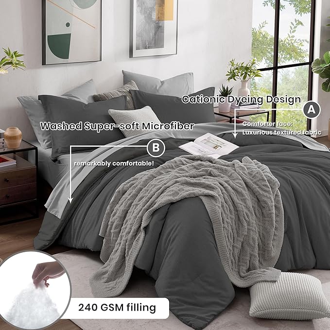 Monbix California King Comforter Set - 7 Pieces Cationic Dyeing Dark Grey Bed in a Bag Cal King Bed Sets with Comforter, Sheets, Pillowcases & Shams, Reversible Bedding Comforters Sets (108 * 92)
