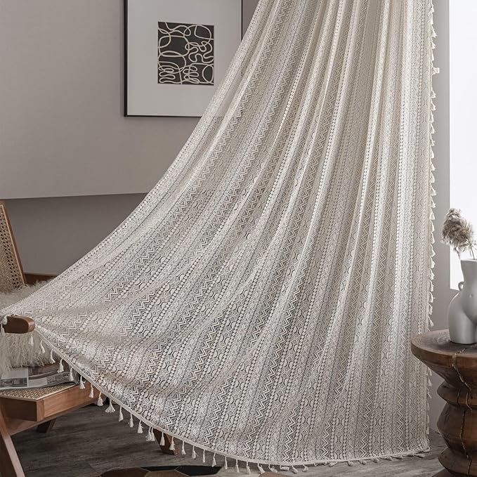 Sutuo Home Boho Curtains for Bedroom Nursery 90 Inch Length, Bohemian Geometric Crochet Sheer Lace Handmade Tassels Window Treatment Vintage Rustic Drape Rod Pocket 1 Panel 59" W x 90" L, Beige Wave