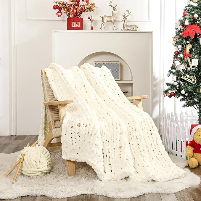 WESHIONGOO Chunky Knit Throw Blanket 50"×60" Knitted Throw Blankets for Couch Bed Fluffy Soft Blanket with Jumbo Chenille Yarn Thick 100% Handmade (Cream White)