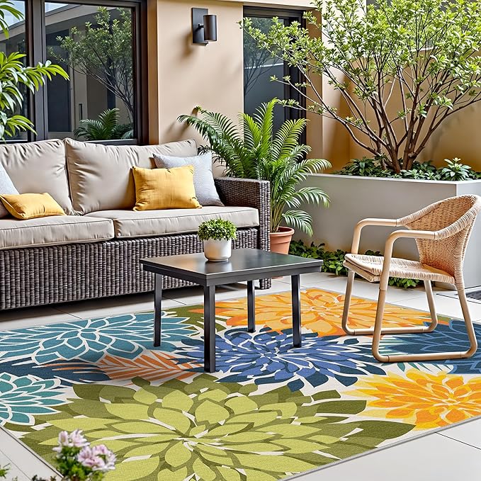 Indoor Outdoor Area Rug Washable Multicolored Patio Rug Tropical Botanical Modern Floral Indoor Outdoor Carpet Non Slip Yellow Green Rug Non Shedding for Patio, Deck, Backyard, Porch (8x10)