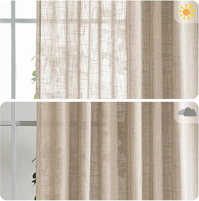MYSKY HOME Boho Curtains Farmhouse Living Room Curtain Drapes, Light Filtering Semi Soft Cotton Blend Sheer Window Treatments for Sliding Glass Door Doorways, 100" x 90", Light Oatmeal, Set of 1