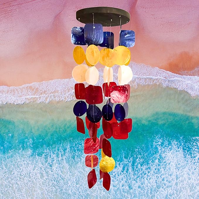 Bellaa 24872 Wind Chimes Outdoor, Garden Decorations, Musical, Indoor/Outside Windchimes, Beach, Ocean Breeze, Gifts for Mom, Gift for All Occasions, Sea Glass Shells Wood Red Blue Yellow White
