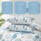 Coastal Bedding Queen Size Coastal Quilt with 2 Shams, Nautical Beach Comforter Sets Ocean Bedspreads Blue Seahorse Coverlet Summer Bedding, 90''x96''