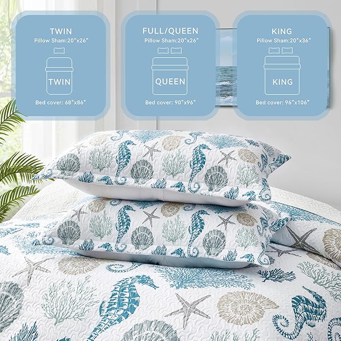 Coastal Bedding California King Size Coastal Quilt with 2 Shams, Nautical Beach Comforter Sets Ocean Bedspreads Blue Seahorse Coverlet Summer Bedding, 106''x118''