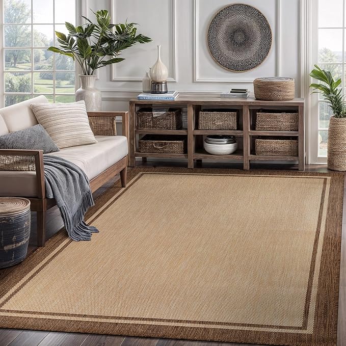 CAMILSON Outdoor Rug 6x9 Bordered Natural Brown Modern Area Rugs for Indoor and Outdoor Patios, Kitchen and Hallway Mats, Washable Porch Deck Outside Carpet (Border Jute, 6 x 9)