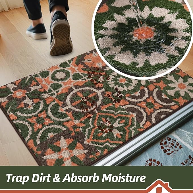 BEQHAUSE Dirt Trapper Door Mat 24" x 36", Non-Slip Entryway Rugs Washable, Floor Mat Stain Resistant and Absorbent Welcome Mat for Front Back Door, Muddy Wet Shoes & Paws, Boho Geometric Floral