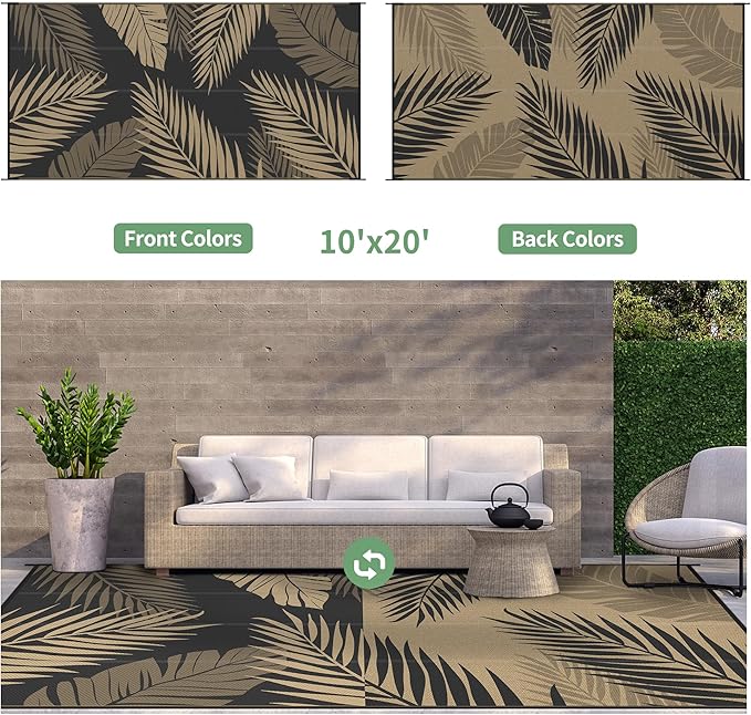 GENIMO Outdoor Rug 10' x 20' Waterproof for Patios Clearance, Reversible Outdoor Plastic Straw Camping Rug Carpet, Large Area Rugs Mats for RV, Camper, Deck, Balcony, Porch, Beach, Picnic, Black&Brown