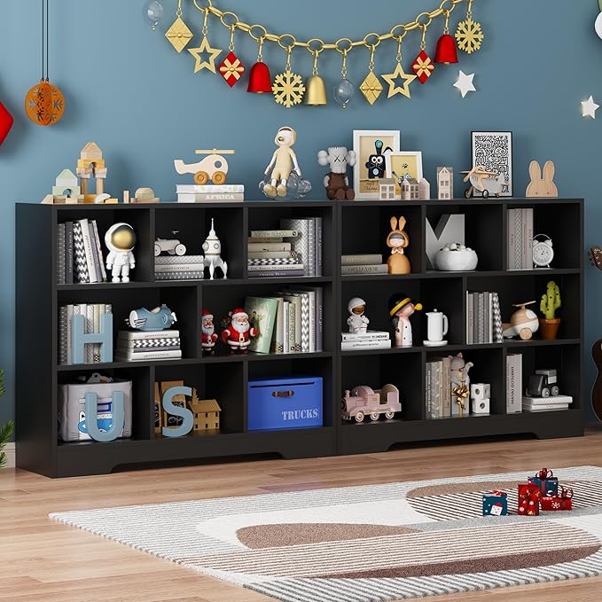 Book Shelf Set of 2, 8 Cubes Storage Organizer, 3-Tier Open Shelf Wooden Bookcase, Freestanding Balck Bookshelf Cube Shelf for Bedroom, Living Room, Home Office