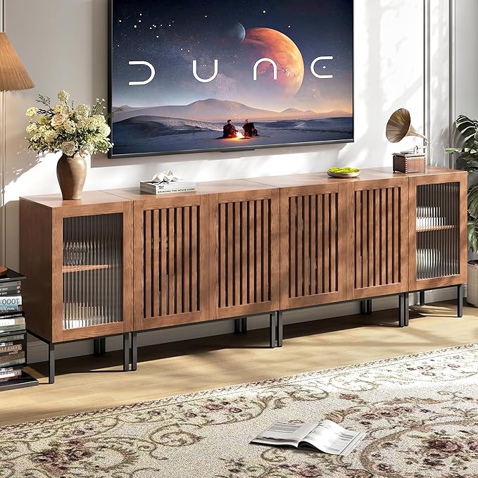 Farmhouse TV Stand for TVs up to 100 Inch, Entertainment Center TV Console with Storage Cabinets and Glass Doors,Media Console for Living Room,Brown