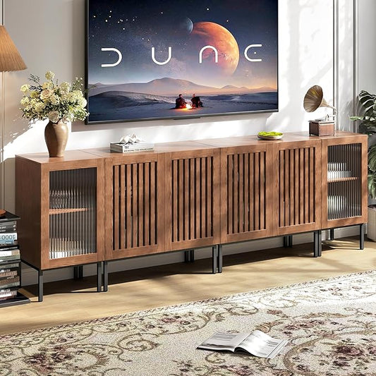 Farmhouse TV Stand for TVs up to 100 Inch, Entertainment Center TV Console with Storage Cabinets and Glass Doors,Media Console for Living Room,Brown