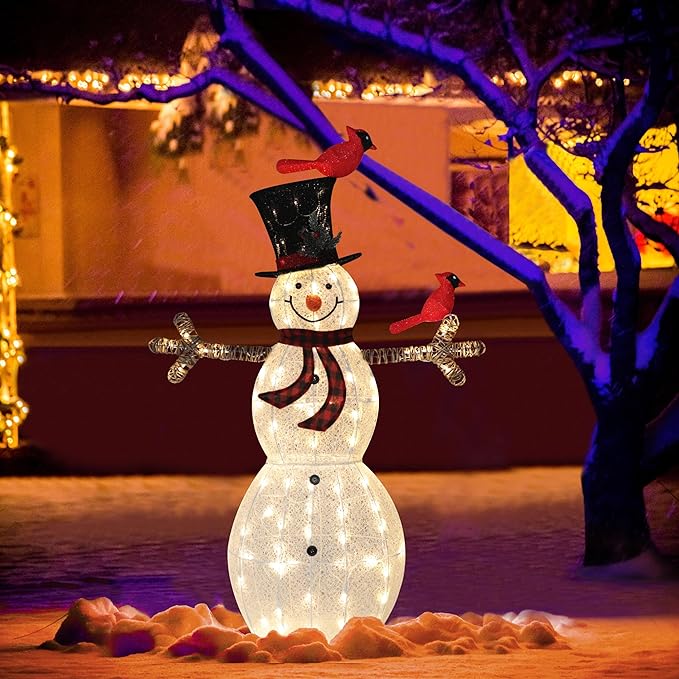 5FT Lighted Snowman with Birds for Christmas Decoration, 3D Pre-Lit Iridescent Snowman Xmas Decor with 90 LED Lights, Glittered Standing Holiday Display for Outdoor, Indoor