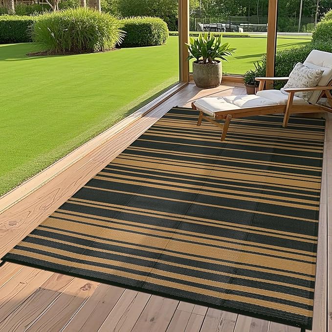 Outdoor Plastic Straw Rug 9x18 Waterproof Outside Rug, Large Modern Striped Reversible Floor Mats, Foldable & Lightweight Camping Carpet for Patio, Porch, Deck, Backyard, Balcony, Black Brown