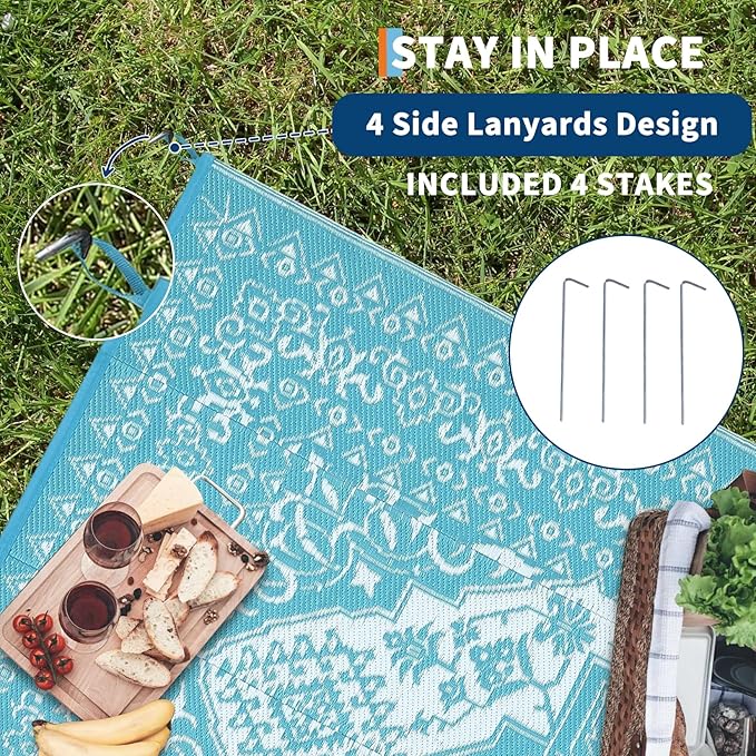 GAOMON Outdoor Rug Waterproof 9x12 Patio Rugs Reversible Plastic Straw Rug, Large UV-Resistant Portable RV Camping Mats, Indoor Outdoor Medallion Carpet for Deck Porch Garden, Light Blue & White