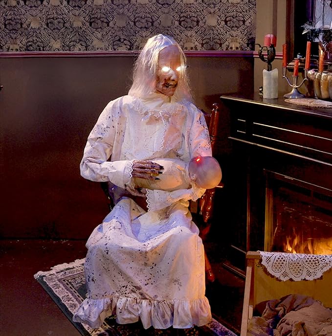 Haunted Hill Farm Life-Size Animatronic Gravely Granny by Tekky Halloween Decoration with Motion-Activated Sounds