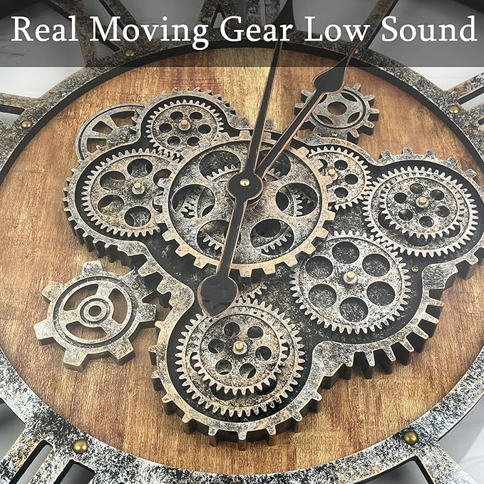 30 Inch Moving Gear Wall Clock, Oversized Wall Clocks, Clock Living Room Decor, Solid Wood Frame, Battery Operated, Large Wall Clock with Steampunk Industrial for Fireplace(Brown)