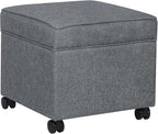 Adeco 17.5" Square Fabric Ottoman with Storage, Upholstered Cotton Linen Foot Rest, Flip Top Footstool, Small Cube Coffee Table Extra Seat for Living Room, Bedroom, Grey with Rolling Legs