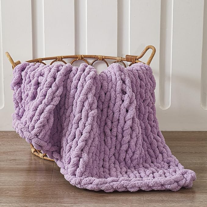 WESHIONGOO Chunky Knit Blanket Throw 40"*40" Knitted Throw Blankets for Couch Bed Fluffy Soft Blanket with Jumbo Chenille Yarn Thick 100% Handmade(Lilca)