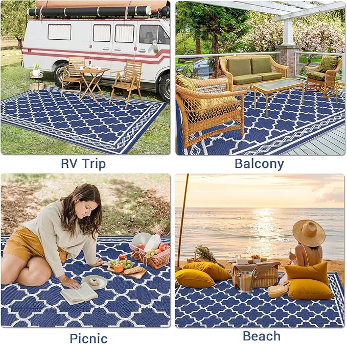 GAOMON Outdoor Plastic Straw Rug, 10'x14' Reversible Sage Green Patio Mat, Flower Modern Design for RV, Backyard, Deck, Camping, Picnic, Navy/White(Geometric)