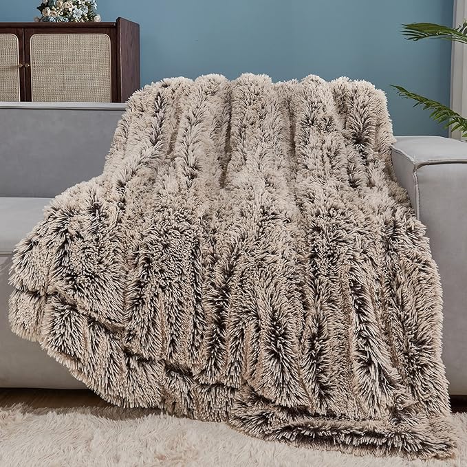 GONAAP Fuzzy Faux Fur Throw Blanket Frosty Brown Super Soft Cozy Plush Fuzzy Shaggy Blanket for Couch Sofa Bed (Frosty Brown, Throw(50"x60"))