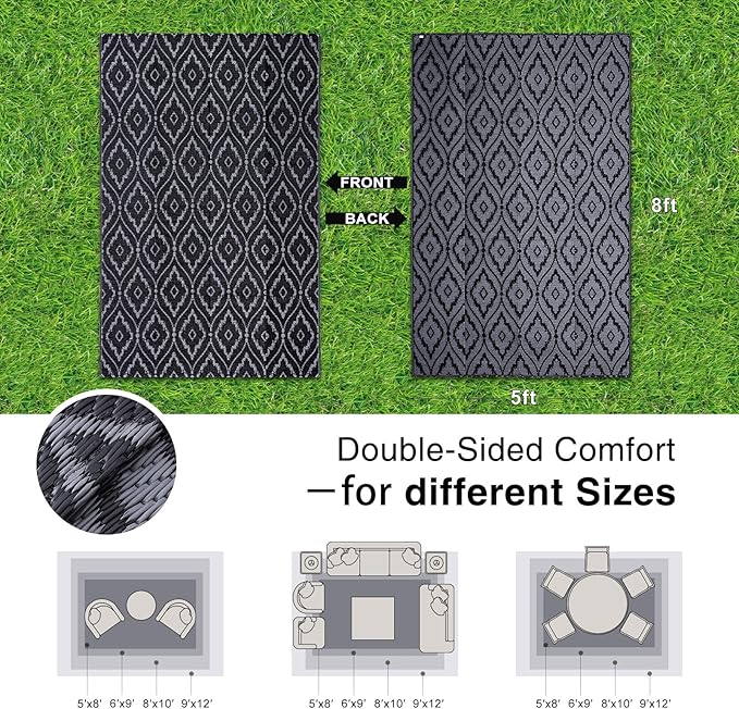 OLANLY Outdoor Rug 5x8 ft Waterproof, Outdoor Plastic Straw Rug with Geometric Pattern Clearance, Reversible RV Mat for Patio, Camping, Balcony, Deck, Backyard, Black & Grey