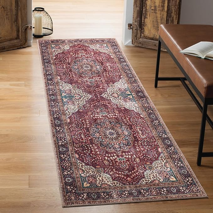 Keen Home Design 2x12 Rug - Machine Washable Runner Rug with Non-Slip Backing, Ideal for Hallway, Entryway, Kitchen, Laundry Room - Vintage, Easy Clean, Durable, Low Pile - (2'6" x 12')